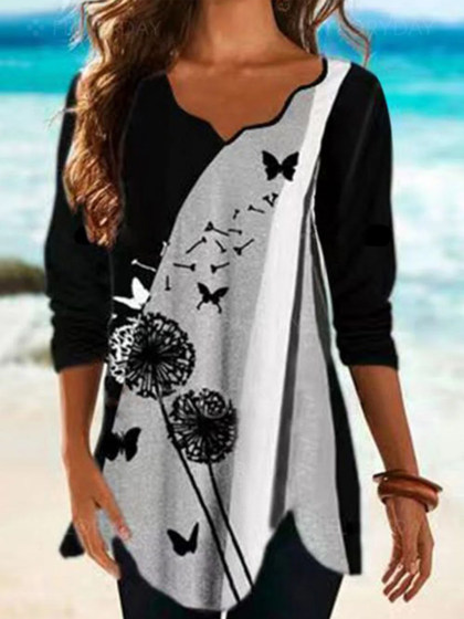 Dandelion Print Casual Long-sleeved T-shirt