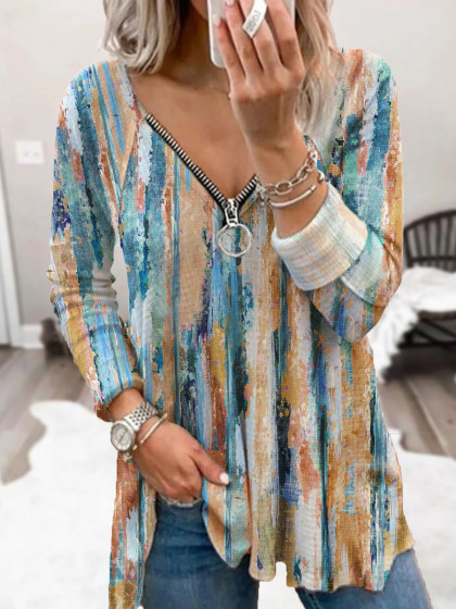 Autumn And Winter V-Neck Irregular Vertical Stripes Oil Painting Print Casual Women'S T-Shirt