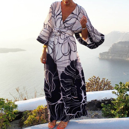 vacation v collar printed flying sleeve frenulum maxi dress