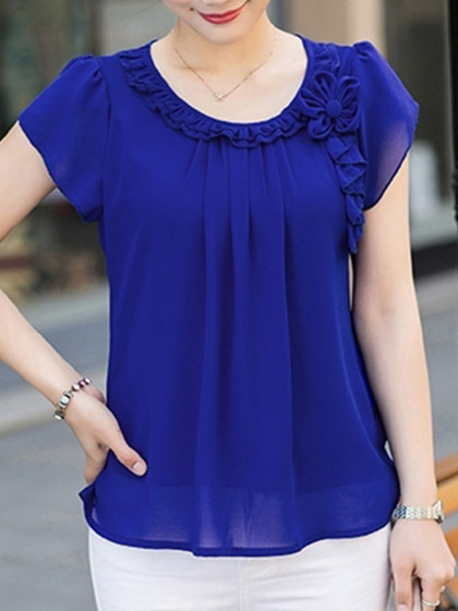 Chiffon Solid Color Round Neck Short Sleeve Shirt