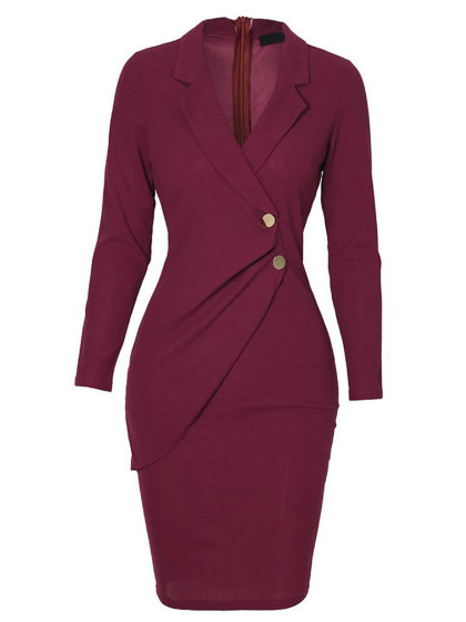 Round Neck Single Breasted Plain Bodycon Dress