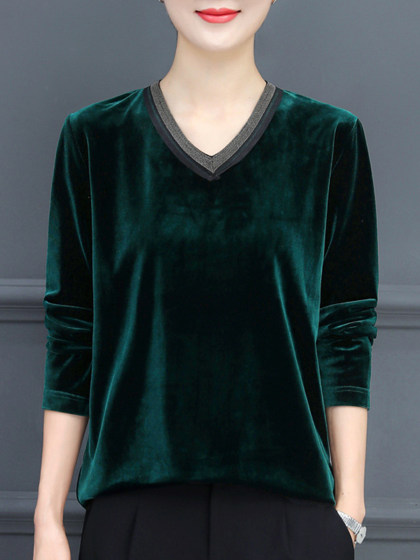 V-neck Stitching Gold Velvet Long-sleeved T-shirt