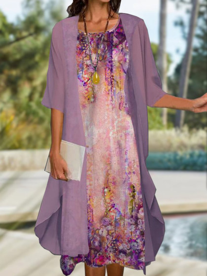 Vacation Floral Loosen Sleeveless Dress Crew Neck Midi Two Piece Sets