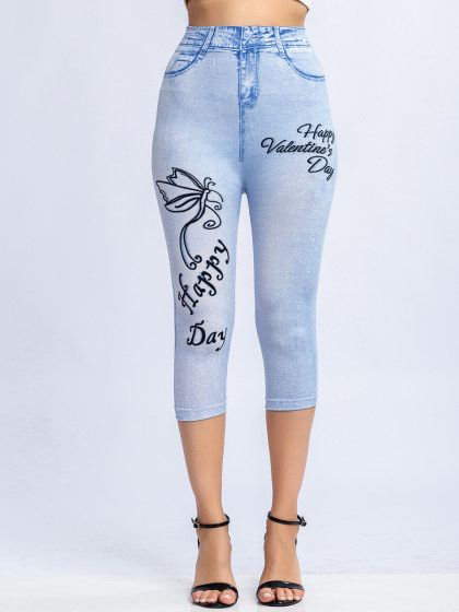 Fashion printed imitation denim cropped pants stretch slim leggings