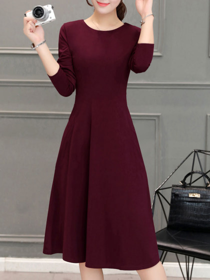 Round Neck  Plain Skater Dress