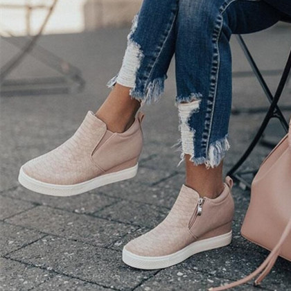 plain high heeled elastic round toe casual sport sneakers