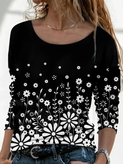 Black And White Floral Print Long-sleeved Casual T-shirt