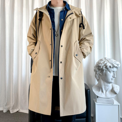 Stylish Solid Color Pocket Hooded Trench Coat