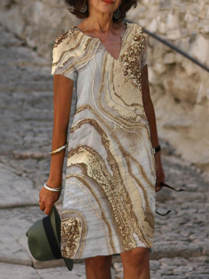 Art Print V-neck Short Sleeve Midi Dress Women